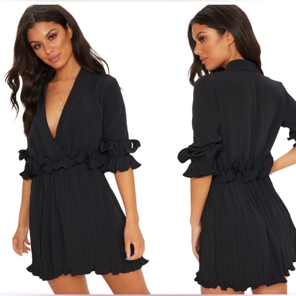 Prettylittlething Black LBD Ruffle Frill Detail Pleated Skater Mini Dress 4 - Picture 2 of 16